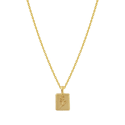 Flower Engraved Square Charm Necklace