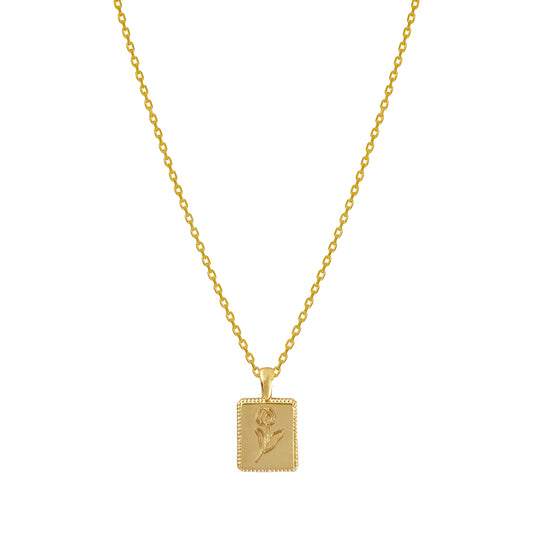 Flower Engraved Square Charm Necklace