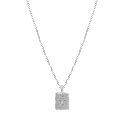 Flower Engraved Square Charm Necklace