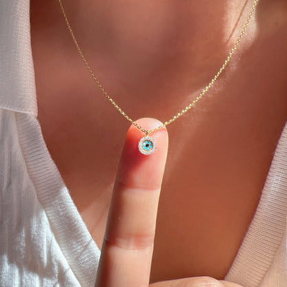 Mini Evil Eye Turquoise CZ Stone Tiny Disc Necklace