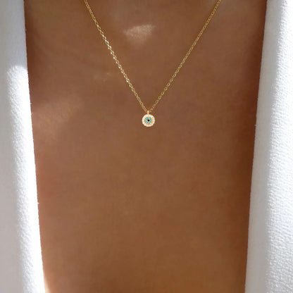 Mini Evil Eye Turquoise CZ Stone Tiny Disc Necklace