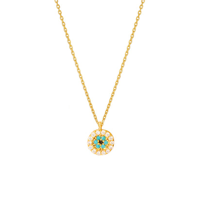 Mini Evil Eye Turquoise CZ Stone Tiny Disc Necklace