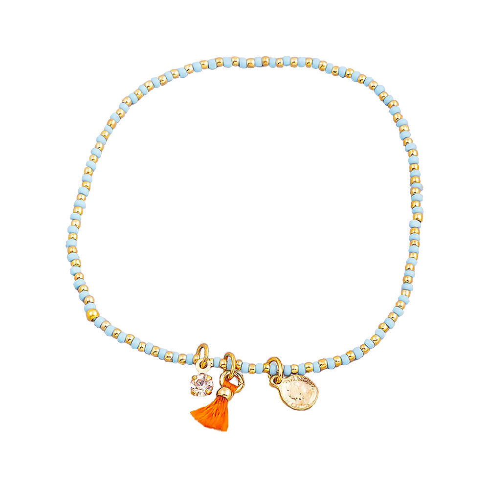 Seed Beaded Bracelet Tassel Tiny Coin Crystal Charm